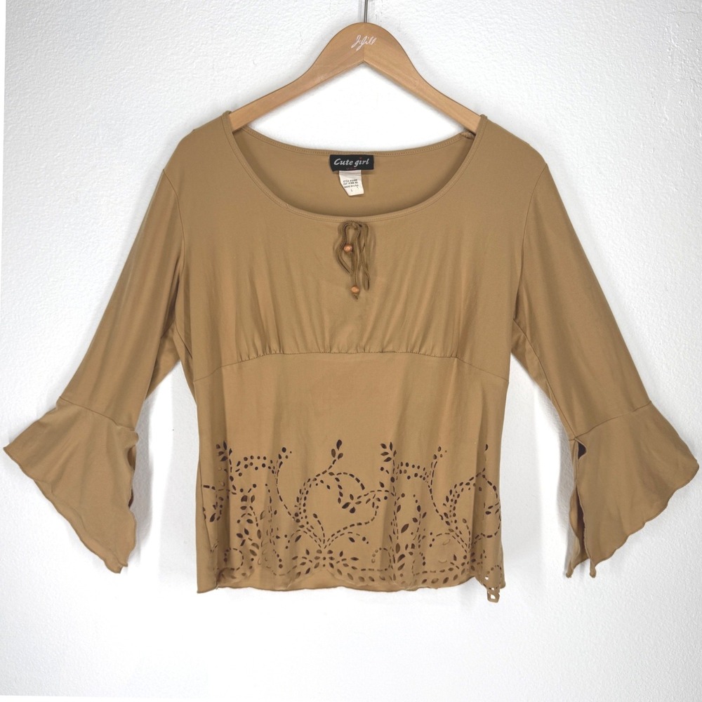 Vintage Y2K Bell Sleeve Babydoll Top Large Brown Fairy Earthy Boho Indie Granola